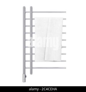 Bathroom Towel Heater Warmer Rail with Towel on a white background. 3d Rendering Stock Photo