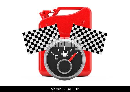 Fuel Dashboard Gauge Showing a Full Tank in front of Red Metal Jerrycan with Checkered Racing Flags on a white background. 3d Rendering Stock Photo