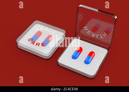 Two Health Care Pills Capsule in Hard Plastic Case Cover on a red background. 3d Rendering Stock Photo