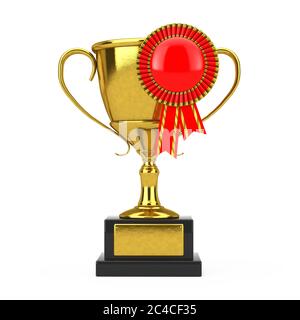 Golden Award Trophy with Red Blank Award Ribbon Rosette on a white background. 3d Rendering Stock Photo