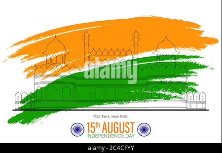 Illustration of famous Indian monument saffron and green color brush background for Happy Independence Day celebration 15th august vector abstract con Stock Vector