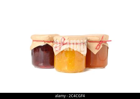 Glass jars with jam isolated on white background Stock Photo