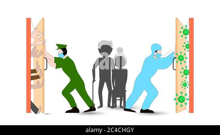 Covid-19 Background illustration. Police and Doctor Fight against Coronavirus, saving peope from coronavirus Stock Vector