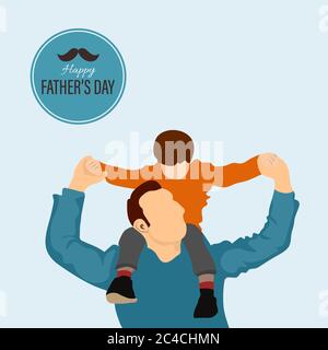 Father playing with a child vector illustration. Father giving son ride on back in park. Happy father giving son piggyback ride on his shoulders and l Stock Vector