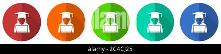 Student with laptop icon set, computer, education, red, blue, green and orange flat design web buttons isolated on white background, vector illustrati Stock Vector
