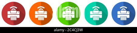 Printer icon set, red, blue, green and orange flat design web buttons isolated on white background, vector illustration Stock Vector