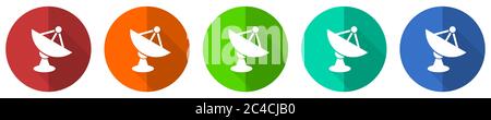 Antenna, satellite, dish, radar icon set, red, blue, green and orange flat design web buttons isolated on white background, vector illustration Stock Vector