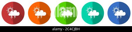 Storm icon set, red, blue, green and orange flat design web buttons isolated on white background, vector illustration Stock Vector