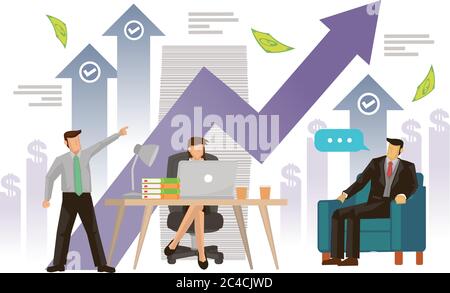 Businesspeople with data charts. Concept of stock market analysis, company profit growth or investment. Flat cartoon character vector illustration iso Stock Vector
