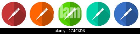 Electronic digital medical thermometer icon set, red, blue, green and orange flat design web buttons isolated on white background, vector illustration Stock Vector