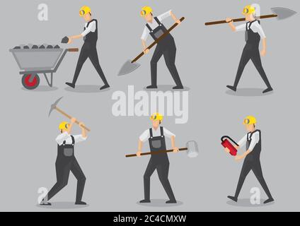Set of six vector illustration of miner carrying mining tool and equipment in action. Cartoon characters isolated on plain grey background. Stock Vector
