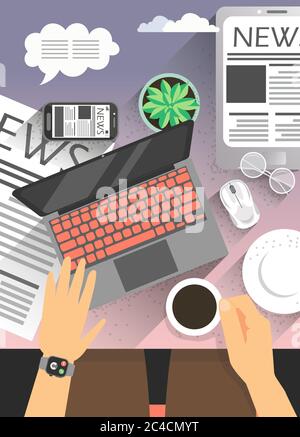 Top view office workplace and businessman reading the latest breaking news on modern gadgets and having cup of coffee. Vector poster template. Flat Stock Vector