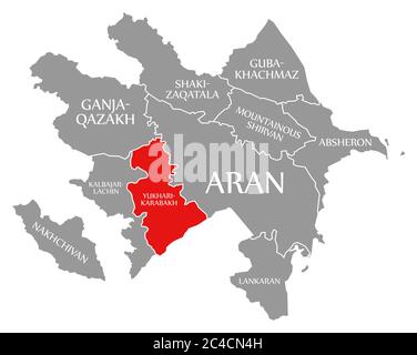 Yukhari-Karabakh red highlighted in map of Azerbaijan Stock Photo