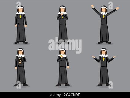 Nun wearing religious habit of black garb with headdress and cross necklace. Set of six vector cartoon characters in different gestures isolated on gr Stock Vector