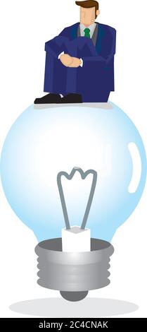Sad businessman sitting on top of the light bulb. Concept of failure and the lack of creativity. Vector cartoon illustration. Stock Vector