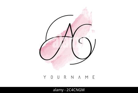 Handwritten AG A G Letters Logo with Pink Pastel Watercolor Brush Stroke Concept and Circular Rounded Design. Stock Vector