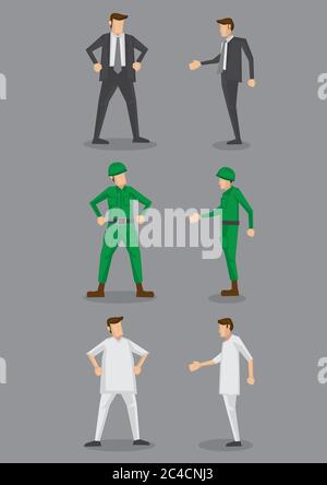 Occupation vector icon set for office worker, soldier and nurse in front and side view isolated on grey background Stock Vector