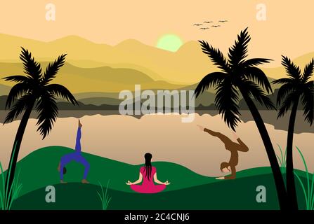 International Yoga Day 21st June vector illustration a theme people doing yoga in a mountainous region Stock Vector