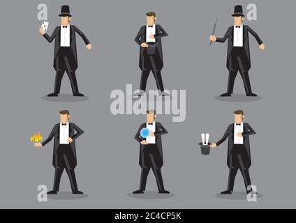 Set of six vector cartoon illustration of magician character performing different magic tricks isolated on grey background. Stock Vector