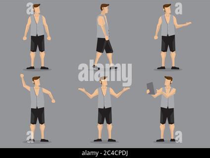 Set of six vector illustrations of cartoon man wearing simple vest and cycling shorts in various gestures isolated on grey background. Stock Vector
