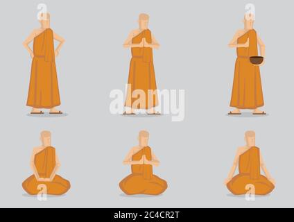 Monks wearing simple yellow robe in saying prayer and meditating in standing and sitting positions. Set of six vector cartoon illustration isolated on Stock Vector