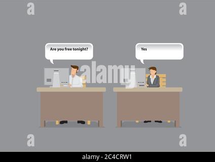 Cartoon office employees using computer for personal internet chat during working hours. Vector illustration on work productivity isolated on grey bac Stock Vector