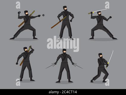 Set of six vector illustration of Japanese ninja in black suit and mask holding different weapons. Cartoon characters isolated on grey background. Stock Vector
