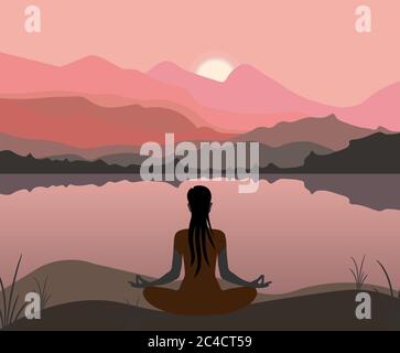 International Yoga Day 21st June vector illustration a theme people doing yoga in a mountainous region Stock Vector