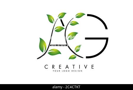 Leaf Letters AG A G Logo Design with Green Leaves on a Branch. Letters AG with nature concept. Eco and Organic Letter Vector Illustration. Stock Vector