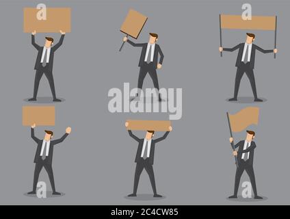 Set of six vector icons of businessman in black suit holding blank placard with copy space isolated on grey background Stock Vector