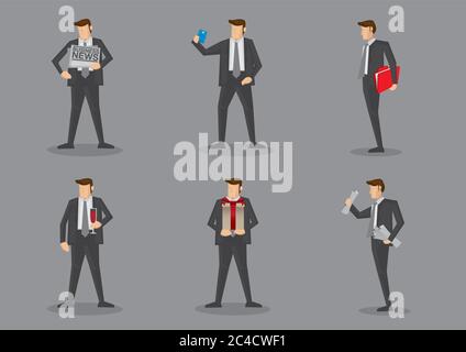 Vector cartoon icons of businessman carrying different props isolated on grey background Stock Vector