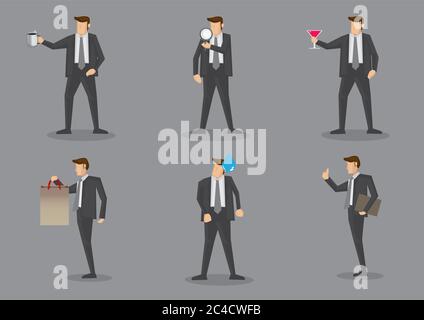 Vector illustration of businessman in front view and side profile with different props. Set of six cartoon characters isolated on grey background Stock Vector