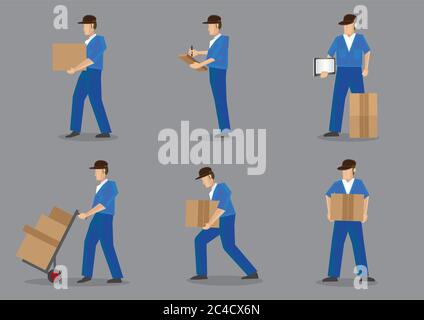 Set of six cartoon delivery man in blue uniform and black cap carrying boxes and cartons. Vector characters isolated on plain grey background. Stock Vector