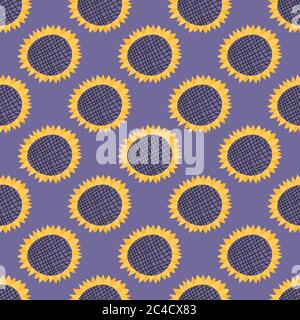 Sunflower composition on pastel purple background. Seamless vector illustration. Cute floral backdrop. Full printable, endless pattern with doodle. Stock Vector