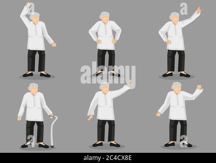 Set of six vector illustrations of old woman with grey hair. Character design in different gestures isolated on grey background. Stock Vector