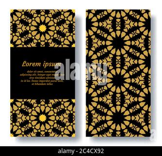 Arabic gold and black double card design for invitation, celebration, save the date performed in arabic geometric mosaic. Vector card template Stock Vector