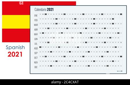 2021 Wall Planner in Spanish. Yearly calendar and organizer. Simple layout in B&W colors. Template for the company and family. 12 horizontal months. Stock Vector