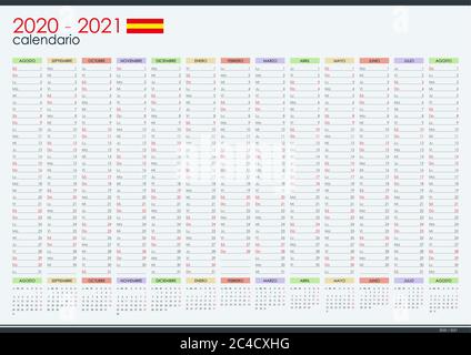 2020 - 2021 mid year wall planner in spanish language. Academic year. Perfect for home schooling plan, schedule. Organizer, yearly planner template. Stock Vector