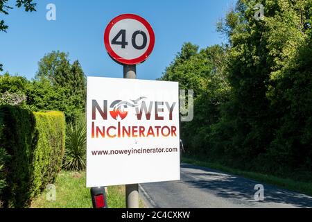 Campaign sign or notice with the message No Wey Incinerator near Bentley, Hampshire, UK, in protest at plans to build an incinerator in the area. Stock Photo