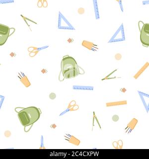 Seamless pattern with various school supplies on a white background. Vector illustration in flat style. Stock Vector