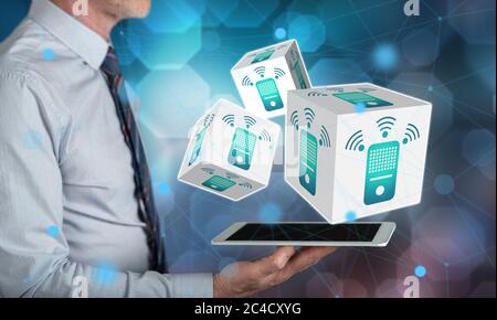 Smart speaker concept above a tablet held by a man Stock Photo