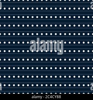Seamless geometric graphics. White polka dots and lines arranged evenly on a dark, navy background. Vector illustration. Template swatch. Stock Vector