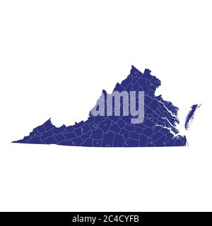High Quality map of Virginia is a state of United States of America with borders of the counties Stock Vector