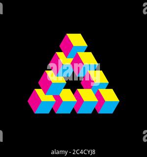 Impossible triangle in CMYK colors. Cubes arranged as geometric optical illusion. Reutersvard traingle. Vector illustration. Stock Vector