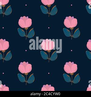 Floristic background. Pink flowers arranged in rows alternately on a dark background. Abstract roses and polka dots. Textile colors, fully printable. Stock Vector