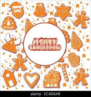 Christmas gingerbread cookies making a rectangular frame. Vector illustration.Happy winter holidays poster. New year. Christmas holiday banner Stock Vector