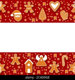 Christmas gingerbread cookies making a rectangular frame. Vector illustration.Happy winter holidays poster. New year. Christmas holiday banner Stock Vector