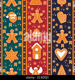 Seamless pattern of gingerbread characters. Vector illustration. Happy winter holidays poster. New year. Stock Vector