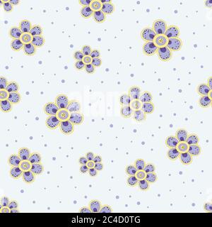 Abstract, doodle flowers and dots on bright background. Floral swatch. Cute seamless graphic design. Vector illustration. Different size of elements. Stock Vector