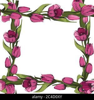 Frame with colored pink tulips. Poster. Spring mood. Vector illustration. Stock Vector